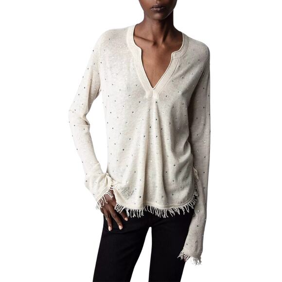 Zadig & Voltaire Sweater Womens Small Cream Riviera Rhinestone Cashmere Fringe - Picture 1 of 15